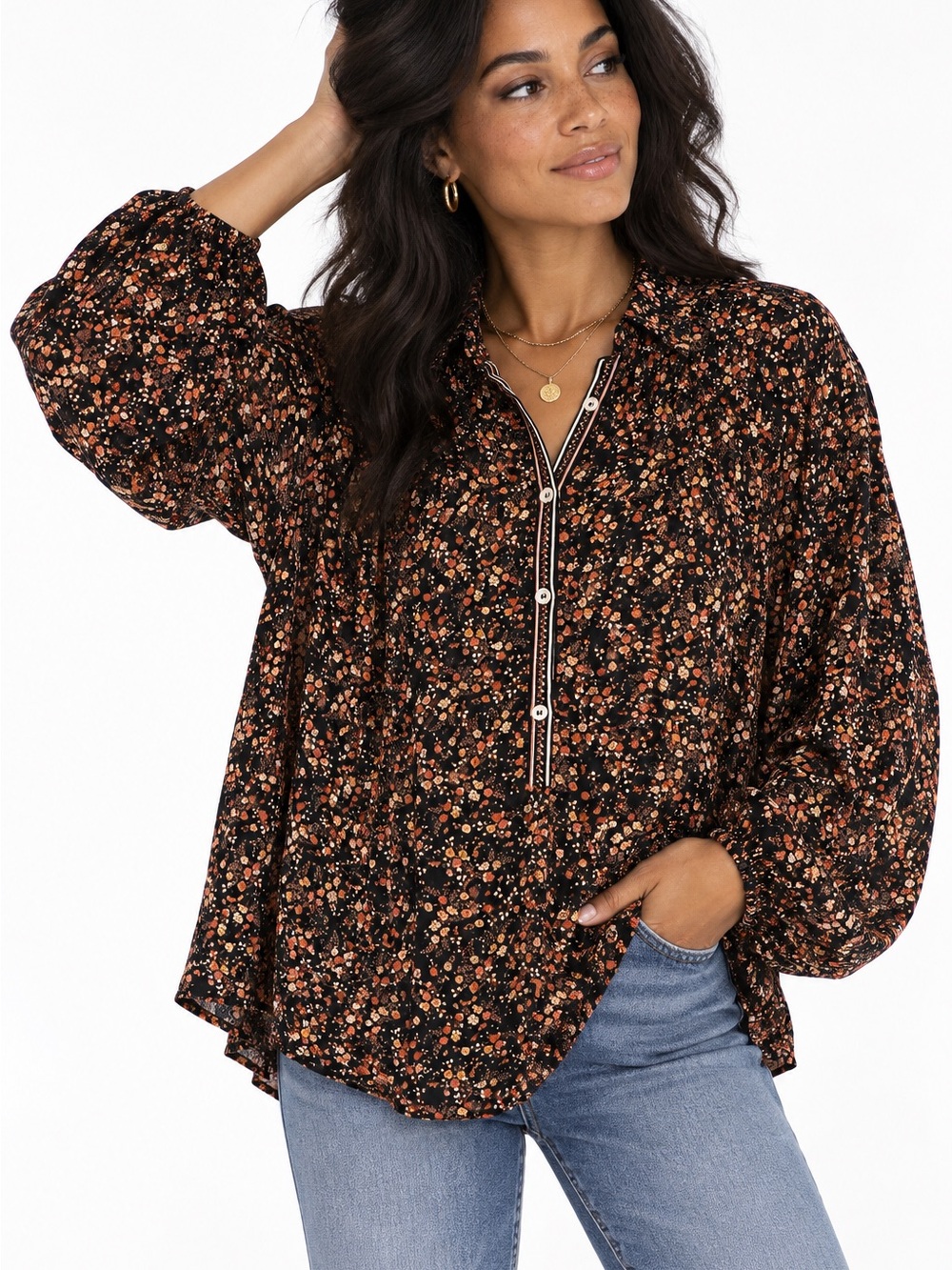 Max Studio Black Floral Button-Front Peasant Blouse